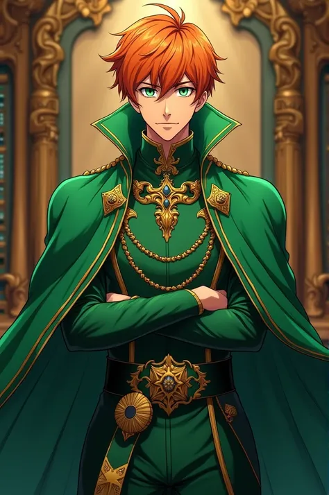 A hot teenage/mature ANIME GUY with Orange hair and Green eyes wearing a Green royal outfit.