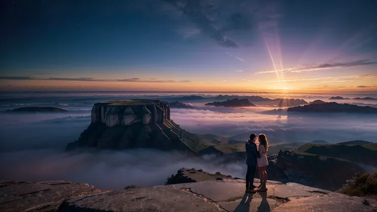 A futuristic and dreamy landscape illustrating the song Дикие горизонты. Two silhouettes stand on the edge of a cliff, gazing out at a vast horizon where the sky seamlessly blends with the land. The horizon features glowing hills, abstract shapes, and vibr...