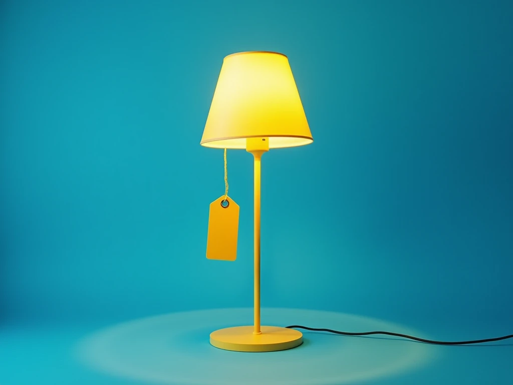 A close-up is a stylish funny modern Lamp punk style, stylish minimalistic with a yellow price tag, made in the bizarre and exaggerated style of Denis Silber, on a bright blue background with backlight. 