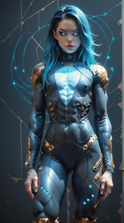 (nsfw:1), (Uncensored:1), score_9, score_8_up, score_7_up, (Three quarters Shot), (1 girl), (asian), beautiful teenage (skinny) muscular goth cyborg girl, (full Cybernetic bodysuit:1.5), (black sclera:1.5), (blue glowing eyes:1.5), (blue glowing body veins...