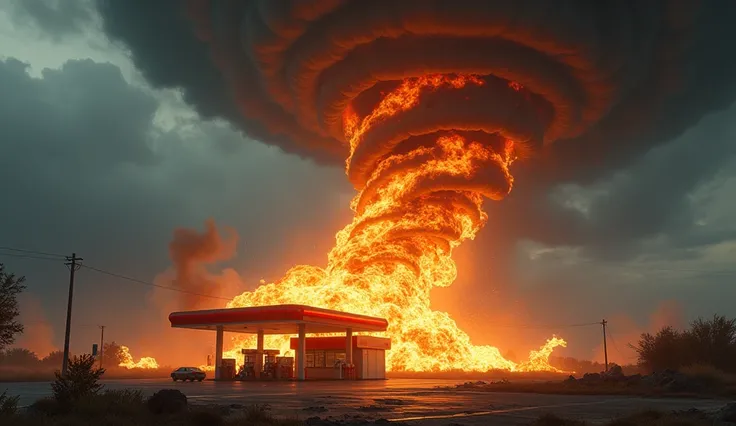 realistic photography, tornado storm, destroy gas station, The tornado sucked fire from the exploding station creating a fiery tornado, ultra-detailed, (best quality,8k,highres,masterpiece:1.2),HDR,physically-based rendering,extreme detail description,prof...