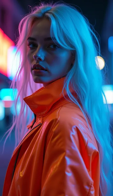   analog film photo, (Art品,  high resolution:1.3),
(模拟照片Particles:1.3),  Cute cyberpunk style ,  with long white hair , Beautiful and stylish European girl，Neon colored clothes ,  Neon jacket in tech costume style
 ， Rich and Deep Colors ， Master Leonardo ...