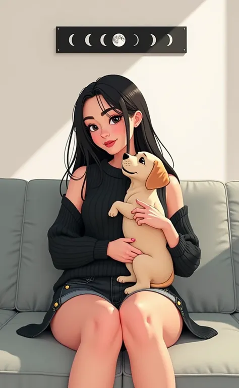 Woman 30 years, long straight black hair, wearing black with gold buttons sleeveless knit sweater with black baggy jeans shorts at light grey modern sectional sofa, rectangular black moon phases wall art at white wall behind holding a small Labrador puppy....