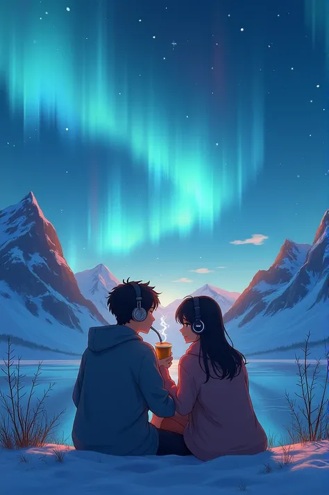 A Man seating under aurora sky,he is surrounded by ice covered mountainins,he is also drink coffe with straw with listening song in headphone,he is sitting with his girl friend.Makw best anime version of this