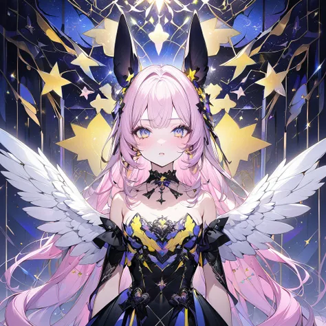 , beautiful angel々）, sexy beautiful, star shaped choker, (masterpiece, highest quality), official art, beautiful and aesthetic: 1.2), (1 girl), very detailed, (blue yellow art: 1.3), blue yellow colorful, pink long hair, rabbit ear, half body, angel wings,...