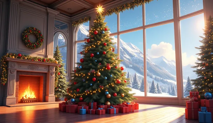 animation is like in a cartoon, a large Christmas tree in the center of a large bright room with large windows, behind which snow-capped mountains. There are Christmas balls in red and blue flowers on it, and there are many gifts under the tree. There are ...