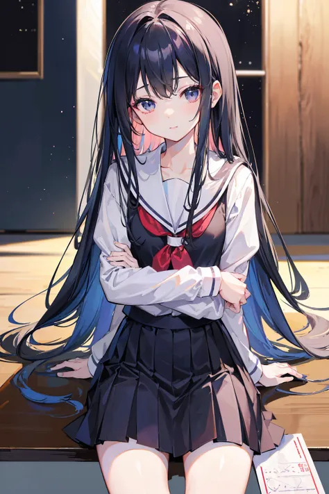 a beautiful girl in School uniform with black eyes looking at the viewer,  long hair, Light makeup, Lips, Small ears, 吮吸棒棒糖, Place on the table, ( Best quality,4K,8K, high resolution,masterpiece:1.2),Super Fine,( actual ,photo actual ,photo- actual :1.4),H...