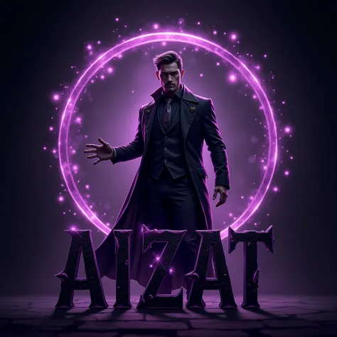 Dark Aura with Magic Circles: Place "AIZAT" in bold, gothic-style letters with dark purple and black hues, surrounded by swirling magic circles and dark aura effects. The character could stand confidently behind or beside the name, with one hand extended, ...