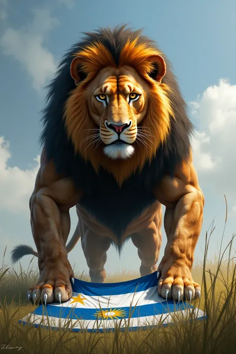 
* " Muscular lion lying protectively in front of the Uruguayan flag stretched out on the ground,  with an ominous look at the camera .   realistic style, grassy field setting ."