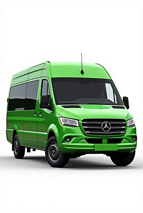 A hyper-realistic 4K image of a Mercedes-Benz passenger van in a vibrant green color. The van features sleek, modern lines and a glossy finish that reflects light beautifully. Its windows are tinted black, offering a sharp contrast against the green body. ...