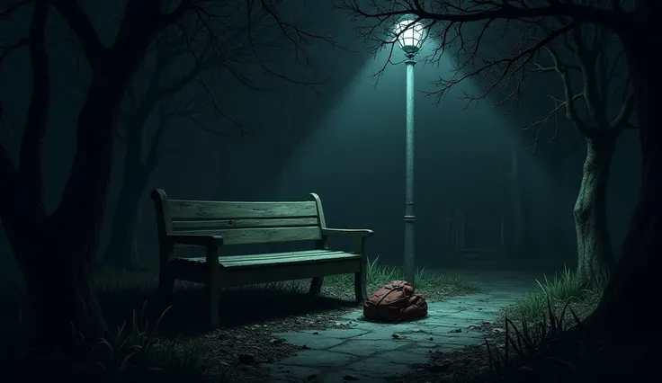  A shady, desolate garden at night ,  illuminated only by a faint pole light .  An abandoned bench is partly covered by fallen leaves , with an open backpack next to . The atmosphere is heavy,  with deep shadows and a sense that something or someone is wat...