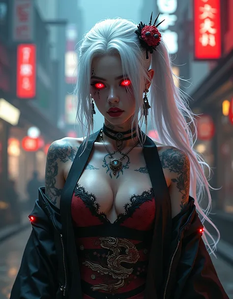 geisha. ninja. white  hair. Eyes red. tattooed. Fundo cyberpunk. harley quinn . smudged makeup . cyberpunk 