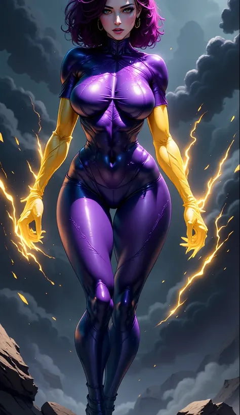 Duality same body, a woman, half yellow and half purple hair, glowing eyes, the left arm made with yellow energy lightning and sparks on her hand, the right arm made with amethyst crystal. Sparks, lightning and smithereens amethyst flowing around her body....