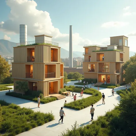 A futuristic urban landscape demonstrating reversible architecture. Modular buildings made of wood and recycled materials are being repurposed: a factory transforms into a community center, and a plaza adapts into a green space. The setting is dynamic, wit...