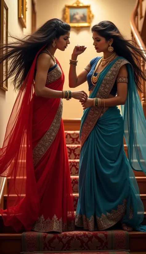 Two stunning Indian girls engaged in a passionate confrontation atop the second floor of an elegant, well-lit house. Their vibrant sarees, one a fiery red and the other a deep sapphire blue, flutter dramatically around them as they stand on the polished wo...