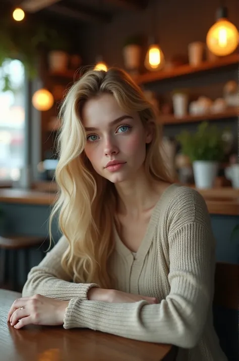 Realistic white-skinned blonde woman in a coffee shop 