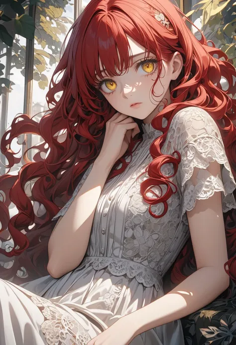 Adult girl, long red curly hair, yellow eyes, sad, lace clothes, short sleeves, Masterpiece, best quality, Full HD, 8k, ultra details, great graphic, anime style, 2D, detailed eyes, beautiful eyes, beautiful face, beautiful clothes, beautiful body