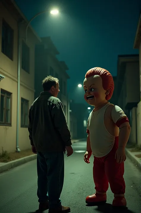 Drama and suspense movie scene, a drunk, fat and unkempt man suddenly comes across a strange inflatable doll that screams angrily at him on a lonely street late at night.