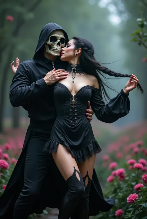 two people dancing  ,  mans hooded skeleton face , short black jacket ,  black shirt black pants , Puma dancing black sneakers. Tall fronted 27-year-old woman.  beautiful closed eyes , beautiful legs, Long, high boots,  big boobs, long gothic suit with sho...