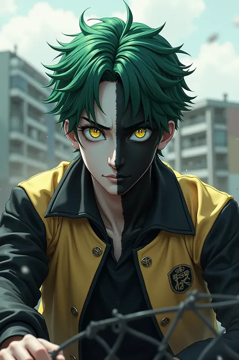 Very realistic version, real life version,The sleeves of the alma mater are black with gold buttons and clenched fists with shiny silver leather,Hitting the face Japanese male, 20 years old, short green pixie hair,The eyeballs are yellow, the skin of the f...