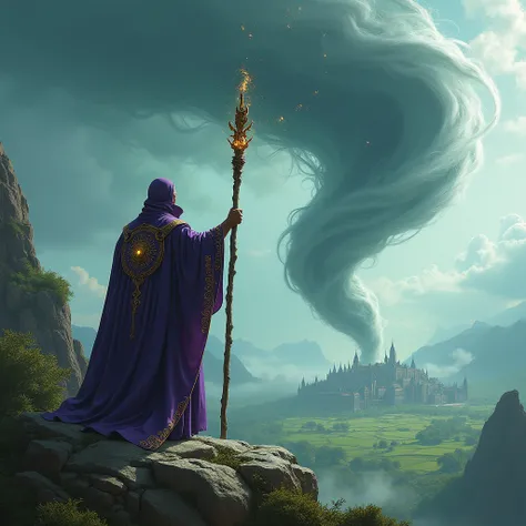 A wizard stands on a mountain. He wears a purple robe embroidered with golden magical symbols. He stretches both his hands and his long magic staff towards the sky and summons a wind spirit. The spirit is a huge tornado. In the green valley below thre is t...