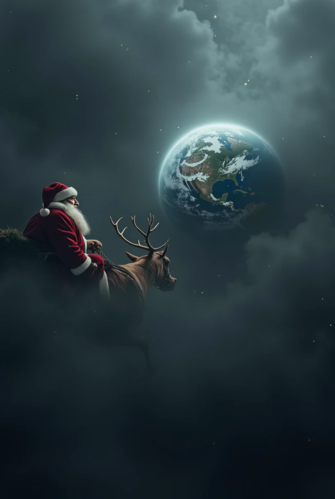 In a realistic style
Earth shrouded in black fog floats in space
There Santa Claus on a sleigh comes along with the light
With a big smile