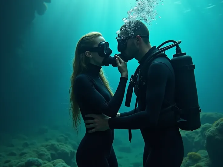 a girl wearing skin tight scuba suit and full-face  gasmask connected to her scuba gear desperately struggling to breathe  underwater and wanting her buddys respiratory to breathe but het buddy backs off 
