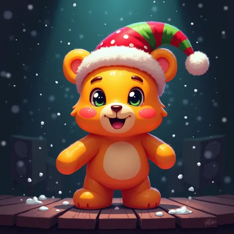 dj gummy with a christmas hat on the dark background