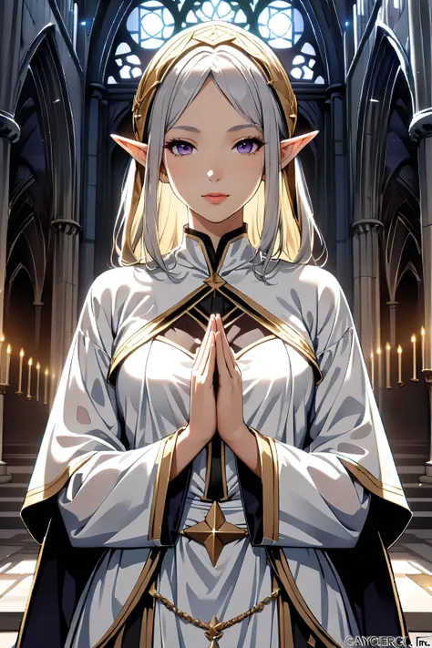 (masterpiece, ultra quality, official art, 8k, beautiful and aesthetic:1.3), (1 elf lady), solo, (cowboy shot:1.3), (inside a cathedral), anatomically correct, absurdres, (well-defined and symmetrical facial features, radiant and healthy glow, fine details...