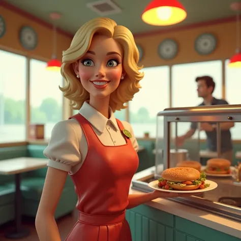 Cheerful blonde lady with curls wearing restaurant uniform and food in hand in left profile 70s style 