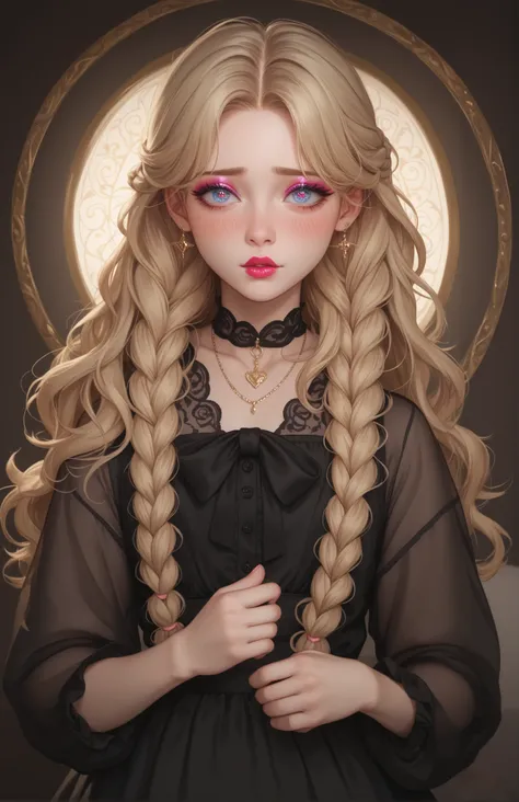 1woman, pretty face, gorgeous eyes, blonde hair, wavy braids, loose dress, light pink blush, Miquella, femboy features, shy face, has a crush on you, in love with you, feminine male, light pale matte lipstick, light eyeshadow, light eyeliner, eyelashes, de...