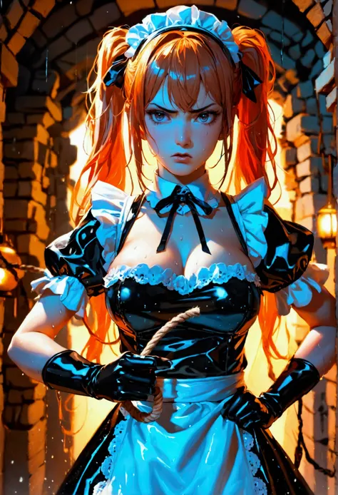 Ultra, the highest image quality, an artistic masterpiece. A girl of Japanese appearance, heavenly beauty, 18 +. High-dimensional, angry, dissatisfied. Copper hair, two ponytails. Maids headband. Black, lace latex dress, black lace latex skirt, black latex...