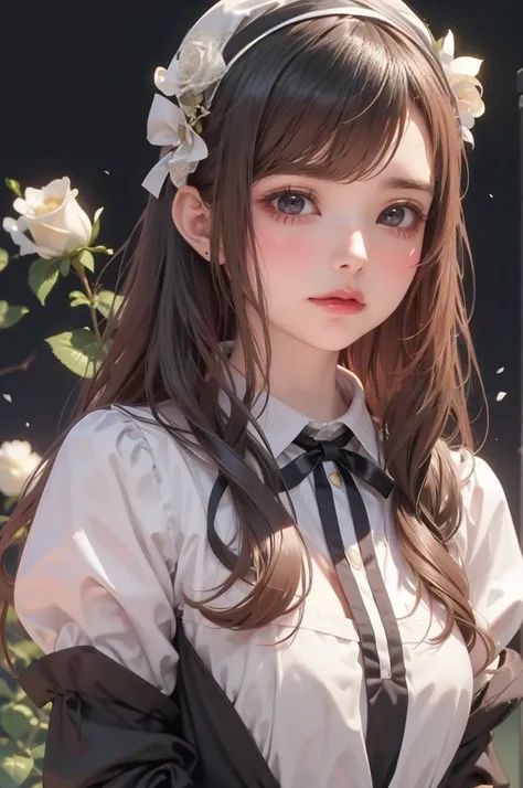 ((masterpiece,  Best quality)), Best Aesthetics ,1 Girl,  unique ,  long hair,  BLACK DRESSES , flower, ribbon,  black background ,  dark haired, Rose, Hairband,  green eyes , Long sleeve, white Rose, Shut up, Black Ribbon,  upper body,  movie lighting 