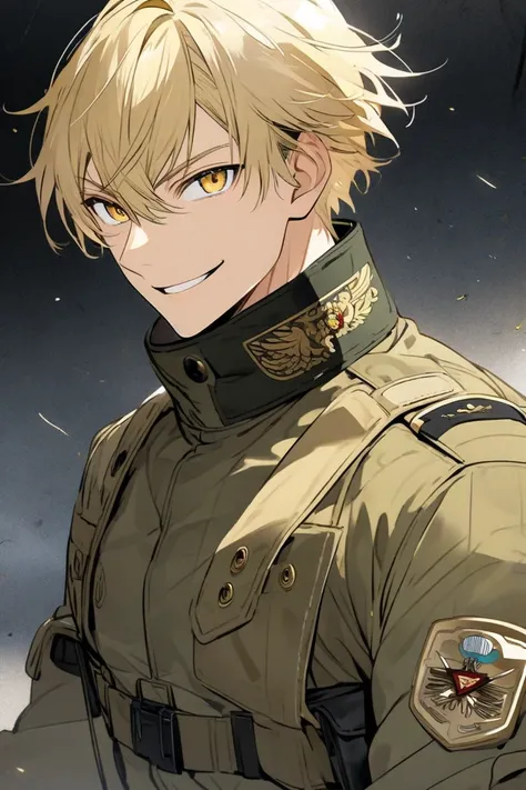 blond, man, short hair, military, golden eyes, smile

