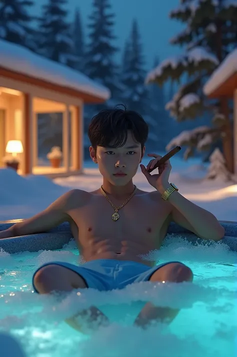 (Un hombre fuerte de 22 años, coreano llamado hyun, con cabello negro y corto, flequillo. Mirada tranquila y relajada, cadena de la santa muerte) blue Calvin Klein lycra shorts, gold Rolex watch, extravagant flirty centado moving in a jacuzzi with foam, sm...