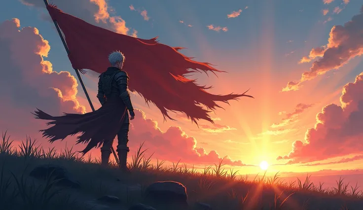 Create an anime-style scene of a lone warrior standing proudly on a grassy hill at sunrise. The warrior is silhouetted against the vibrant and dramatic sky, with their posture full of strength and determination. They hold a tall spear in one hand, and atta...