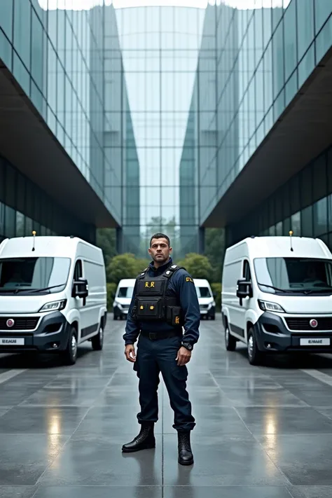  Image of three Fiat Ducato high white roof parked in the courtyard of an imposing building all mirrored and a security man strong man wearing a dark blue uniform with a multifunctional belt and also a ballistic vest with yellow letters C.r.And wearing bla...