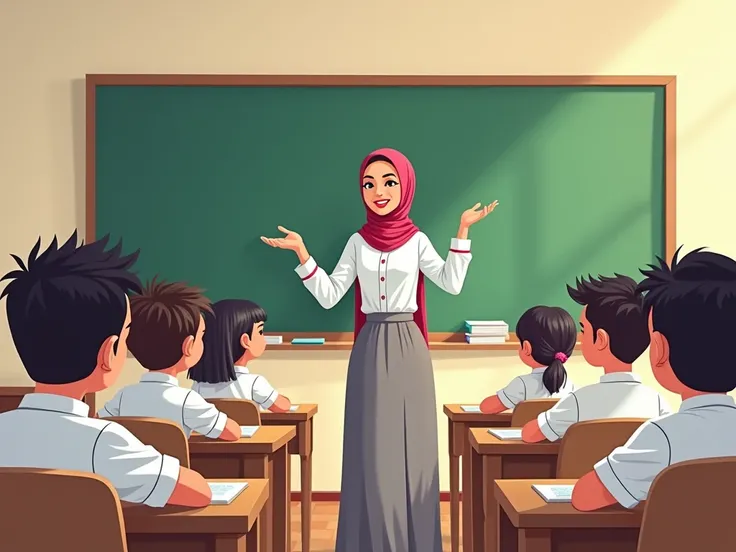 A modern classroom scene in which a confident hijab female teacher in a white blouse and long grey skirt, wearing a headscarf, smiles as she engages with her students. Male and female students in white shirts sit neatly at desks, one raises his hand to sho...