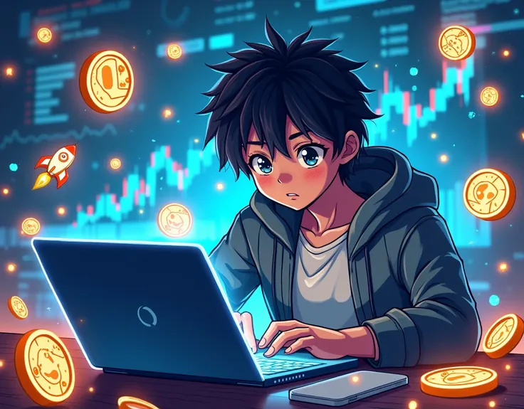 An anime-style low-res pixel art trader analyzing meme coins with a glowing laptop. The trader is surrounded by pixelated meme icons like a dog, pizza, and rocket ships, glowing in cyan and gold. In the background, charts and sniping tools shimmer in vibra...