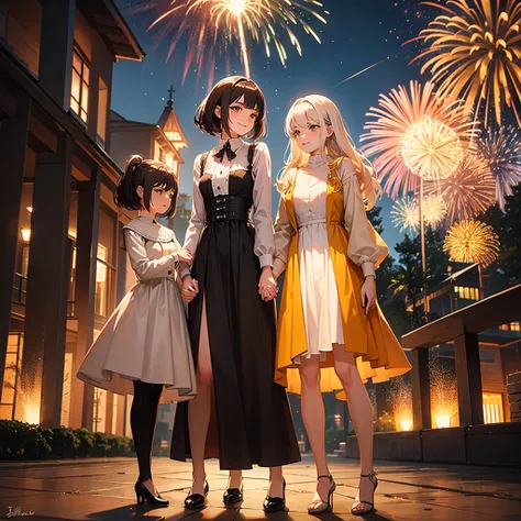 Tall woman standing hand in hand with 2 small women, smiling sexy with fireworks