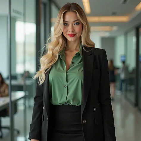 FOR instagram, Woman, asian, longhair, blonde, curvy skinny, bigboobs, green eyes, redlips makeup, huge ass, longblouse neckline, blouse light green neckline, black long jacket, gravata preta, black skirt, office lady style, secretary boss style, in office...