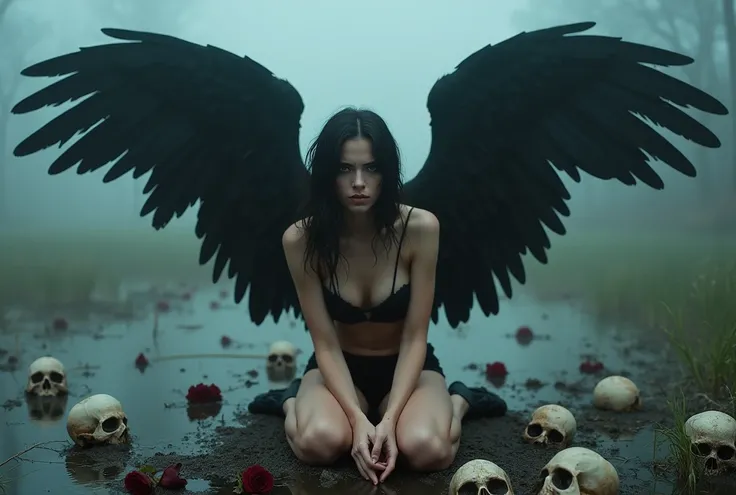 RAW photo of a sad female fallen angel with big broken black wings in a foggy swamp, black lace lingerie, squatting, looking at viewer, (skulls and roses on the ground), bright blue eyes, dystopic, highly detailed, (high detailed skin:1.2), vibrant colors,...