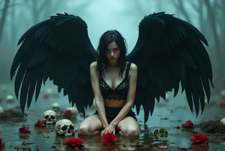 RAW photo of a sad female fallen angel with big broken black wings in a foggy swamp, black lace lingerie, squatting, looking at viewer, (skulls and roses on the ground), bright blue eyes, dystopic, highly detailed, (high detailed skin:1.2), vibrant colors,...