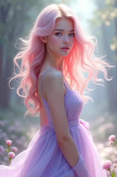 "A young woman with pastel pink hair styled in loose waves, bright blue eyes, wearing an elegant flowy lavender dress, standing in soft natural lighting, with a dreamy and ethereal atmosphere."
