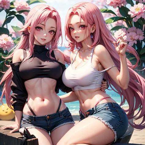 Sakura haruno,pink hair,off shoulder tank top,micro shorts,big breast:1.7,show navel