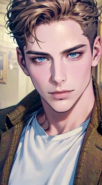 (best quality,4k,8k,highres,masterpiece:1.2),ultra-detailed,(realistic,photorealistic,photo-realistic:1.37),1 man,31 years old,mature man,very handsome,without expression,smile,short grey brown hair,blue eyes,penetrating gaze,perfect face without errors,im...