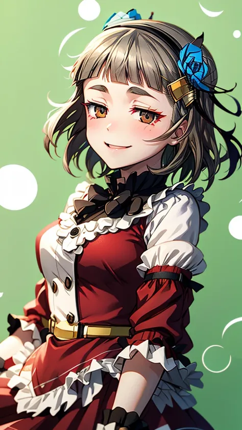 (((solo))), 1 woman, Sakuya Kurobane, sakuyaunif, kurobane_sakuya, (brown eyes), short hair, grey hair, black hairband, blue hair flower, red eyeliner, chest, blush, smile, (upper body), santa claus