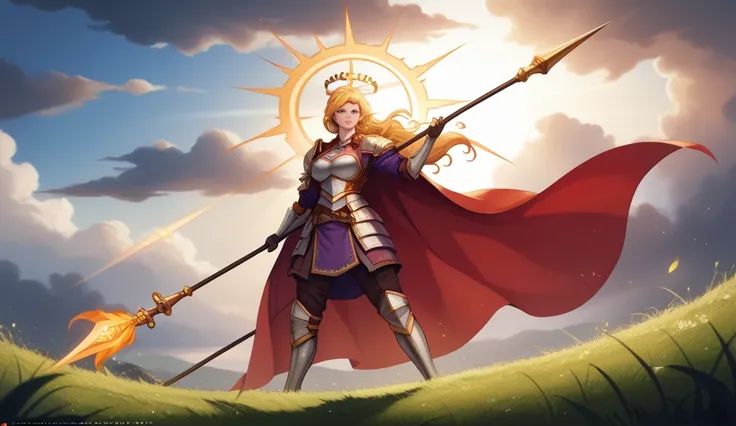 Create an anime-style scene of a lone female warrior standing proudly on a grassy hill at sunrise. The warrior is silhouetted against the vibrant and dramatic sky, her posture exuding strength and determination. She holds a tall spear in one hand, with a m...