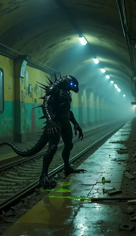 A cinematic wide-angle view of a dilapidated Sri Lankan subway station, dimly lit by sporadically functioning lights. In the middle of the platform stands a horrifying creature, its body covered in shiny black exoskeleton-like armor. Its spiked tail swishe...