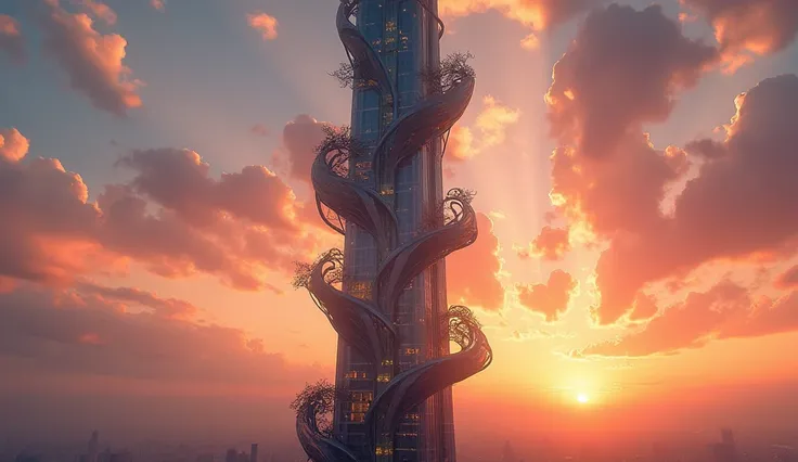 "A futuristic skyscraper set against a breathtaking sunset sky. The buildings architecture is inspired by natural forms, with intricate, twisting vines of glass and metal spiraling up. The reflection of the sunset casts a warm glow on the building’s surfac...